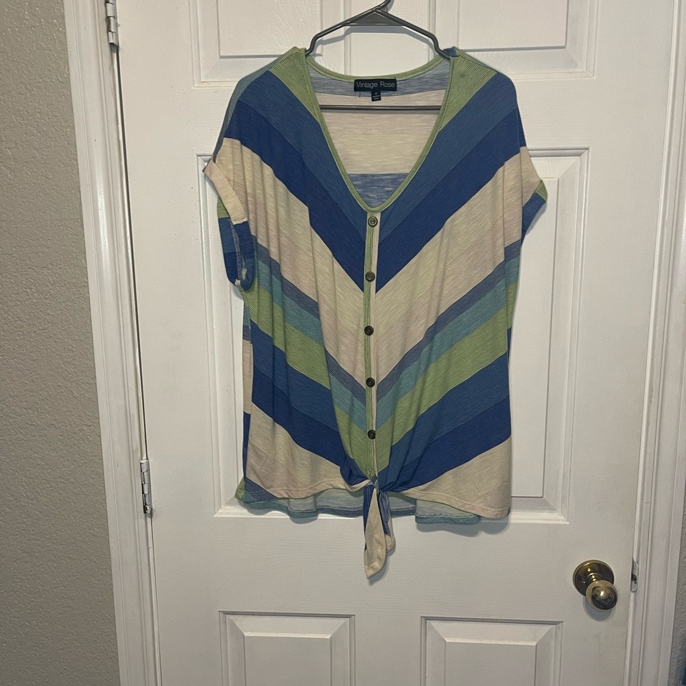 Vintage Rose 3x tie waist top blue and green diagonal stripes